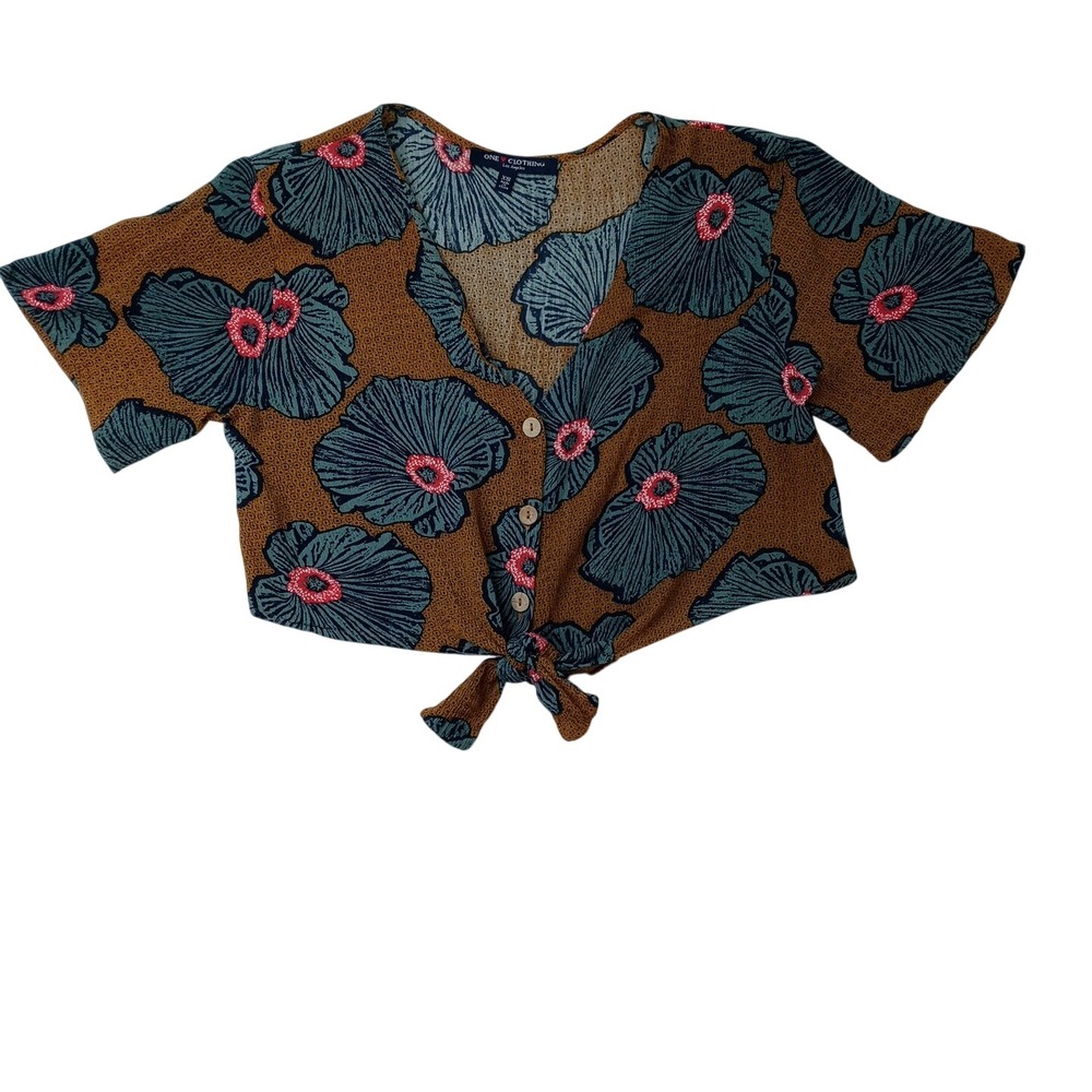 ONE CLOTHING Women's XS Brown Floral Print Tie Front Flutter Sleeve Crop Top